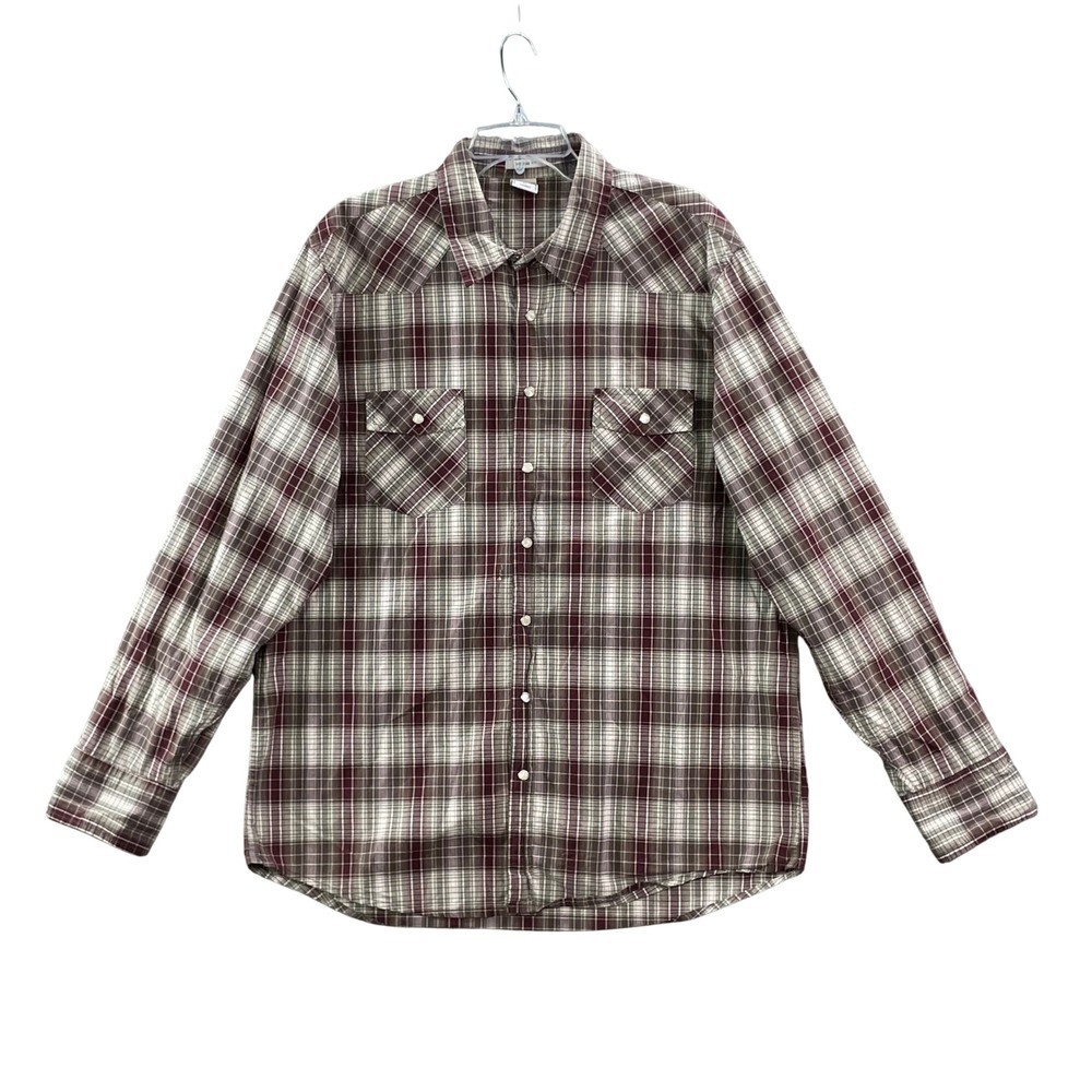 Old Navy Western Snap Shirt Mens XL Burgundy Plaid Vintage Fit Cowboy Rodeo